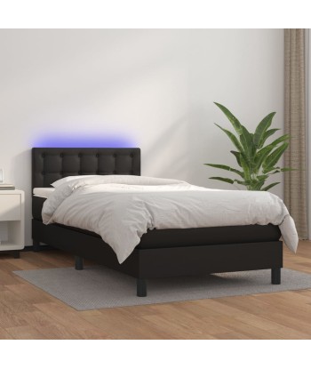 Sommier tapissier avec matelas et LED Noir Similicuir 90x200 cm la livraison gratuite