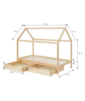 Lit Cabane Avec Tiroirs TINY Sommier Inclus Naturel 90x190 sur le site 