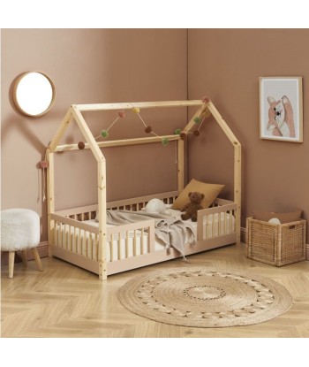 Lit Cabane Avec Barrières TINY Sommier Inclus Rose 70x140 de pas cher