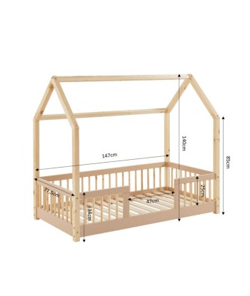 Lit Cabane Avec Barrières TINY Sommier Inclus Rose 70x140 de pas cher